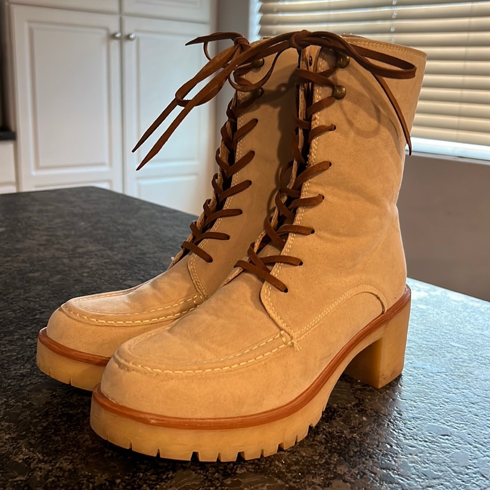 Tan, lace up heeled boots